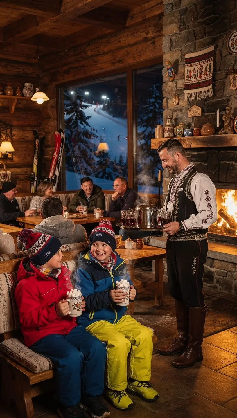 A cozy mountain lodge with smoke rising from the chimney, inviting visitors to warm up after a day of winter sports adventures.